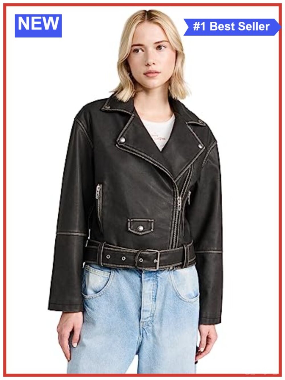 Vegan Leather Moto Jacket with Belt Long Sleeve Notch Collar Moto Coat